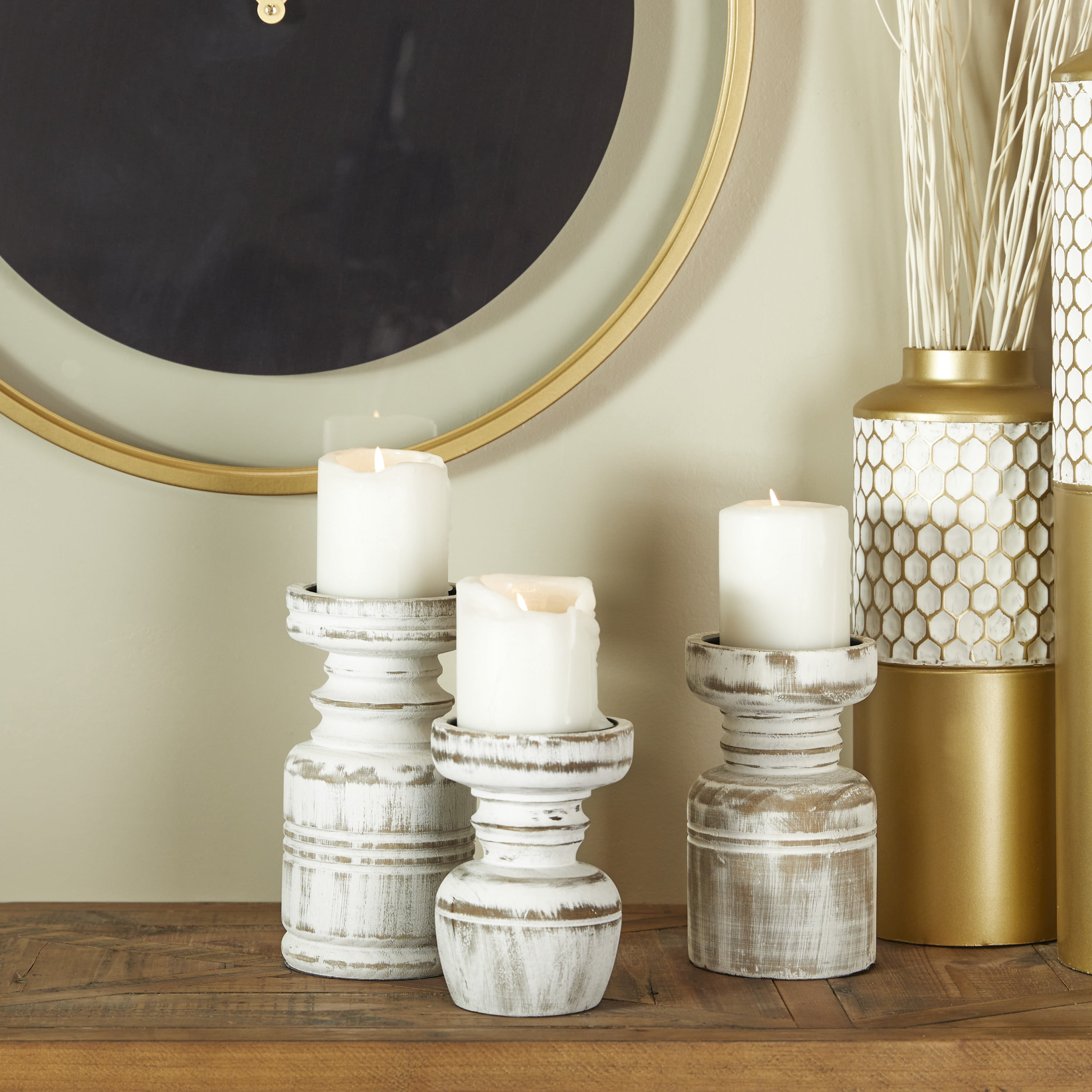 DecMode 3 Candle White Wood Distressed Pillar Candle Holder, Set of 3