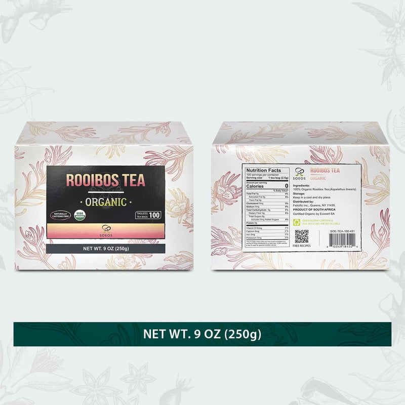 Soeos Organic Rooibos Tea,100 Teabag, 9oz (250g), 2 Packs, Total Weight of 18 oz (500g)
