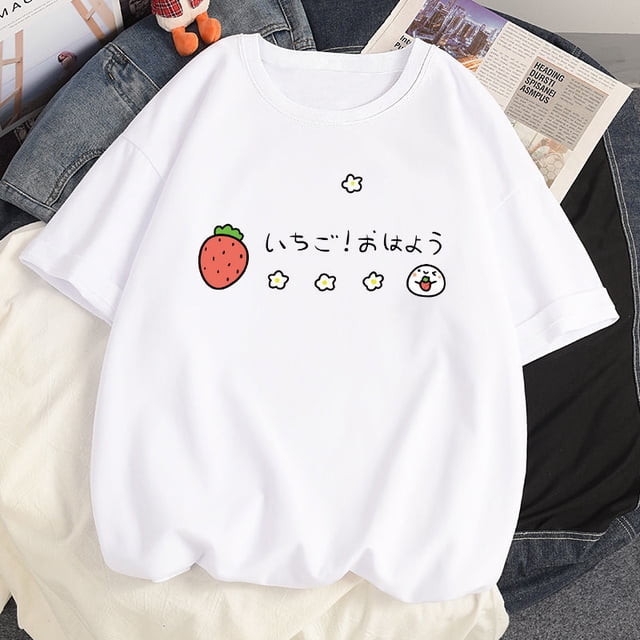 Camisetas 2023 de algodón para mujer, ropa Harajuku y2k, Kawaii, fresa, manga corta, 100%