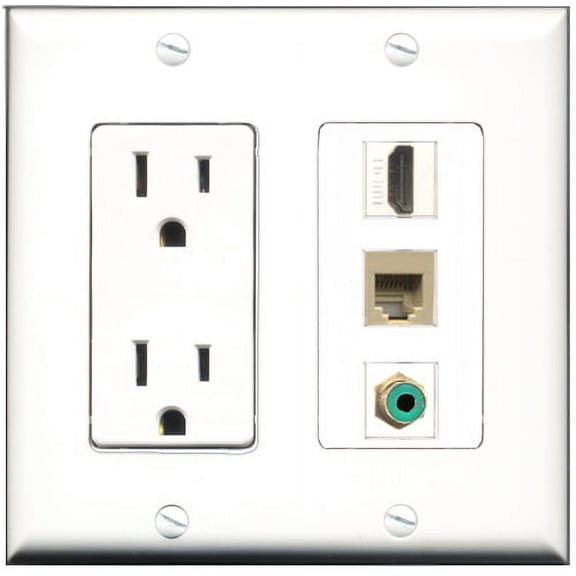 RiteAV - 15 Amp Power Outlet 1 Port HDMI 1 Port RCA Green 1 Port Phone Beige Decorative Wall Plate