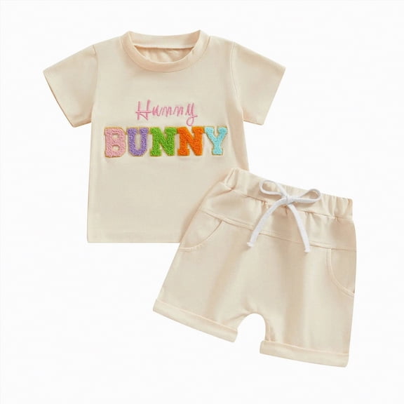 Xyant Toddler Baby Boy Girl Easter Outfit Bunny Letter Embroidery Short Sleeve Shirt and Shorts Sets Summer Clothes (Beige,12-18 Months)