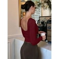 thumbnail image 3 of Womens Crewneck Long Sleeve Shirt Double Lined Basic Tees Side Ruched Going Out Crop Tops Wine Red M, 3 of 7