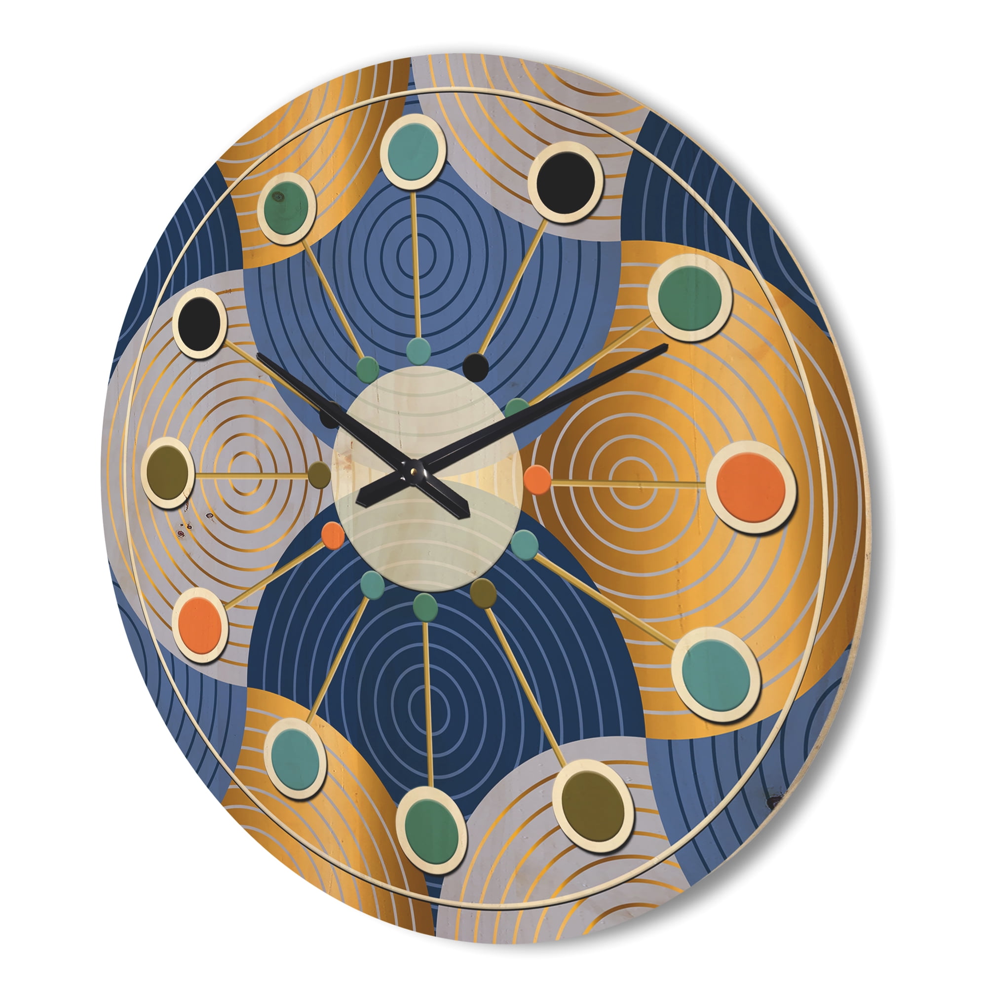 Designart 'Retro Luxury Waves In Blue and Gold X' Mid-Century Modern Wood Wall Clock