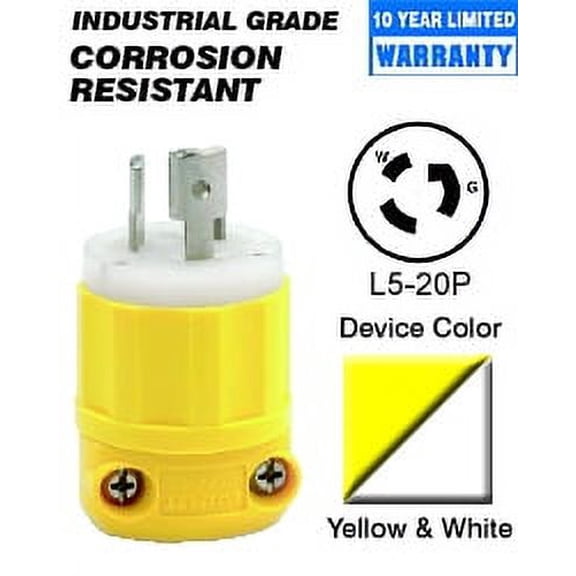Leviton 23CM-11 Plug Locking Blade Corrosion Resistant L5-20P 20A 125V 2P3W Grounding - Yellow-White