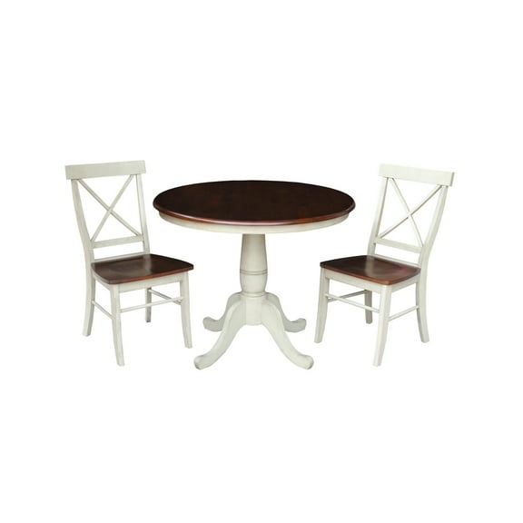 36" Round Dining Table with 2 X-back Chairs in Antiqued Almond/Espresso - 3 Piece Set