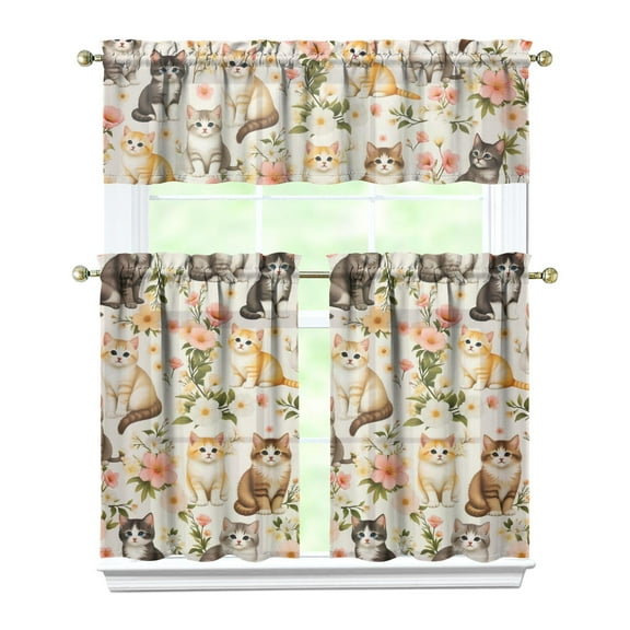Kitchen Curtains 36 Inch Short - 3 Panel Set with Cute Cat Paw Pattern, Rod Pocket Window Curtain, 100% Polyester for Pet Lovers Farmhouse, Cafe, Kitchen, Bedroom, Easy Wash