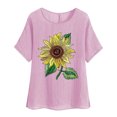 thumbnail image 3 of Feancey Womens Casual Tops Short Sleeve Linen Blouse Summer Boho Floral Print T Shirts Side Slit Loose Crewneck Tee Vintage Beach Vacation Tshirt Flash Sale Pink L, 3 of 5