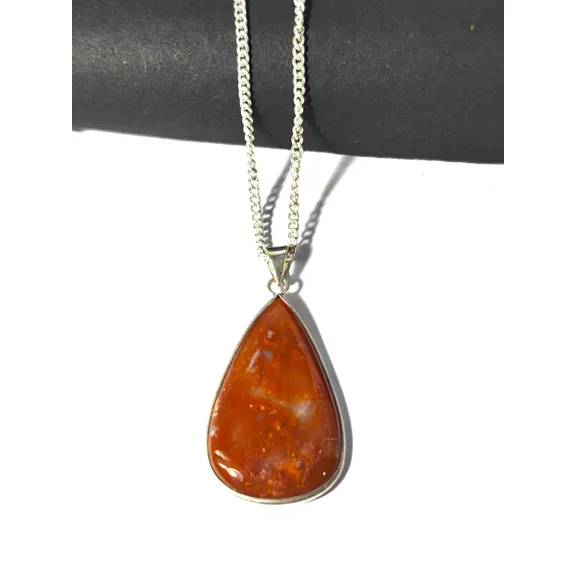 SHYAMGEMS Natural Amber Teardrop Pendant Necklace, Sterling Silver Chain, Orange