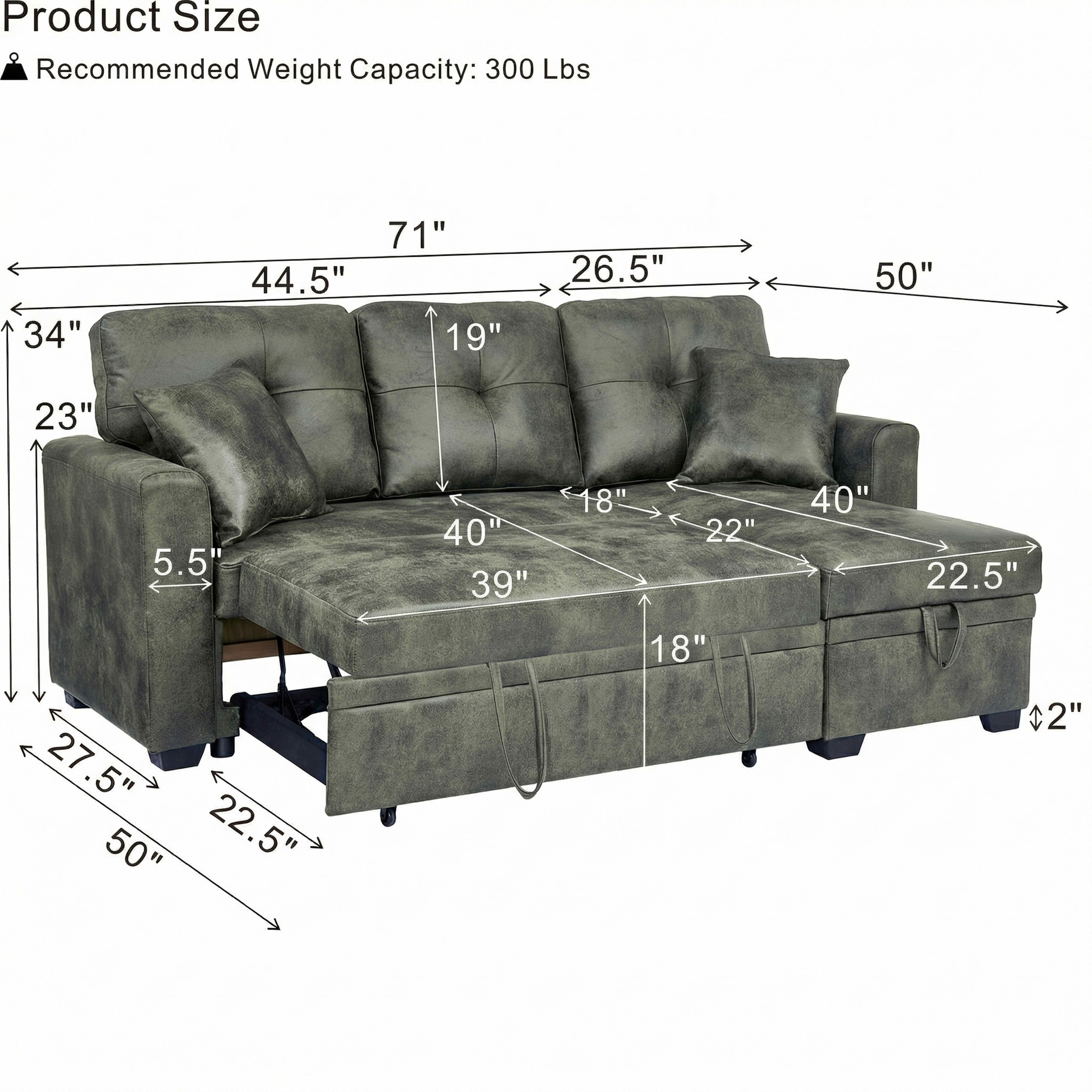 MAYEERTY 71" Breathable Fabric Sleeper Sectional Sofa, L-Shaped Convertible Pull-Out Sofa Bed with Reversible Chaise & Hidden Storage, Multi-Functional