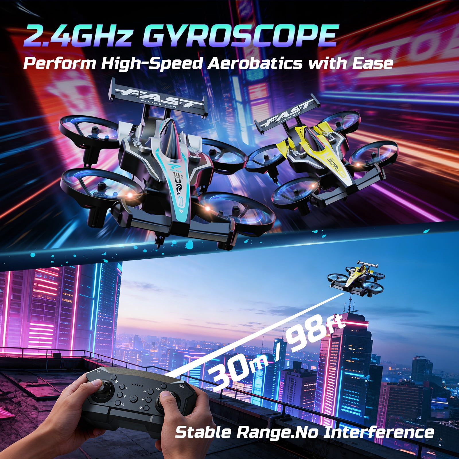 Drones for Kids, Wefone ZF24 2-in-1 Air and Land RC Vehicle, Remote Control Car, 3-Speed, 360°Flip, Headless Mode, Circle Fly, 2 Batteries, Yellow