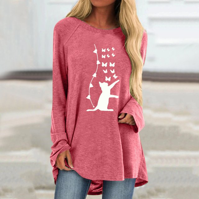 Hauts pour Femmes Mode Dames Décontracté Ample Col Rond T-Shirt à Manches Longues Imprimé Chat Haut Manches Longues Hauts pour Femmes en Liquidation