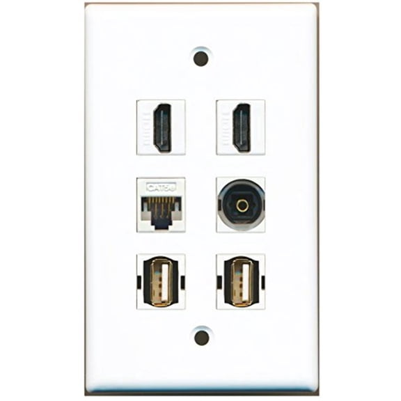 RiteAV - 2 HDMI 2 Port USB A-A 1 Port Toslink 1 Port Cat5e Ethernet White Wall Plate