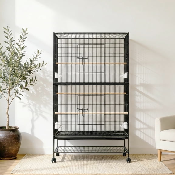 Spacious Double-Layer Rolling Bird Cage for Parrots – Heavy Duty Steel Aviary with Storage Stand, Removable Tray