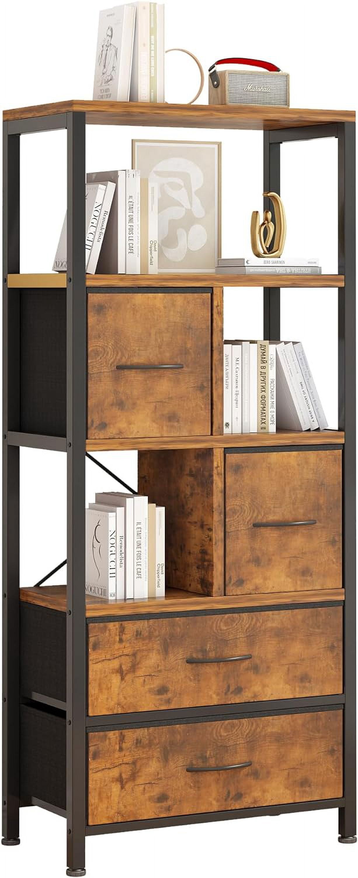 Display Shelf, 5 Layers Cube Storage Organizer, Iron Frame Shelf Opening, Bookcase for Office, Storage Bins with 4 Fabric Drawers, Modern Open Bookcase, Multifunctional Display Shelf for Living Room