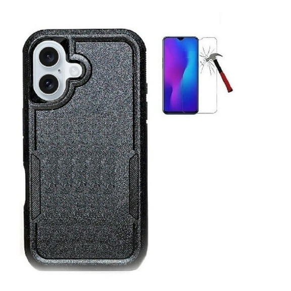 Compatible Case for Apple iPhone 16, Dual Layer Shockproof Case Cover with Tempered Glass (Black)