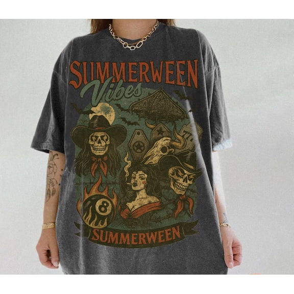 Retro Summer Halloween T-Shirt, Funny Spooky Season Tee, Trendy Gothic Summer Halloween Shirt, Cute and Creepy Vacation Vibes Graphic