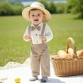 thumbnail image 2 of Ulanda Fall Outfit Newborn Baby Boy Gentleman Long Sleeve Bow Tie Romper Plaid Suspender Pants 2Pcs Christmas Clothes Set (Khaki, 12-18 Months), 2 of 9