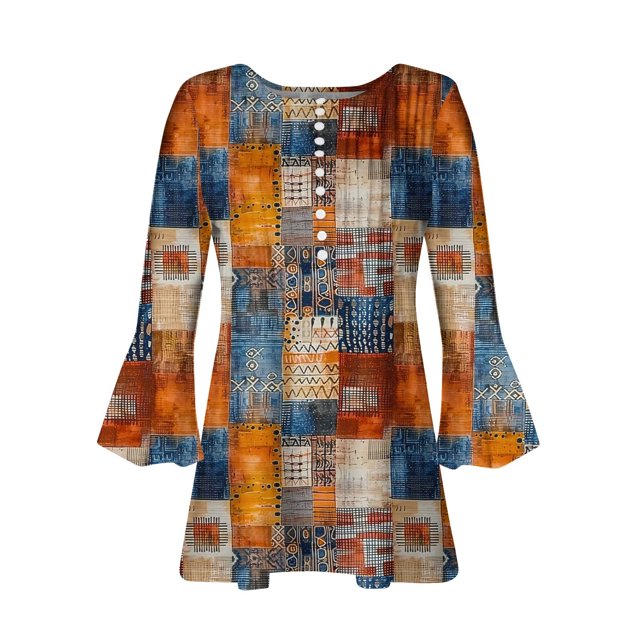 Blusa informal con botones estampados y plisados de plástico para mujer, manga 3/4, manga corta y cuello de cuerno.