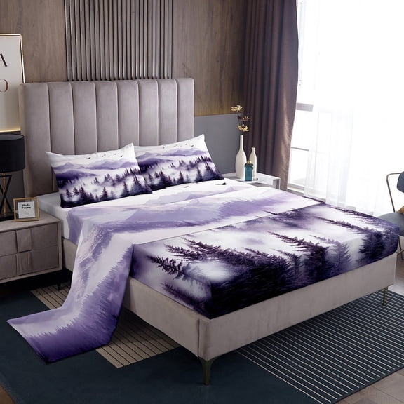 Erosebridal Purple Smoky Jungle Bed Sheets King,Watercolor Woodland Bedding King Size,Nature Scenery Decor,Super Cozy,4pcs