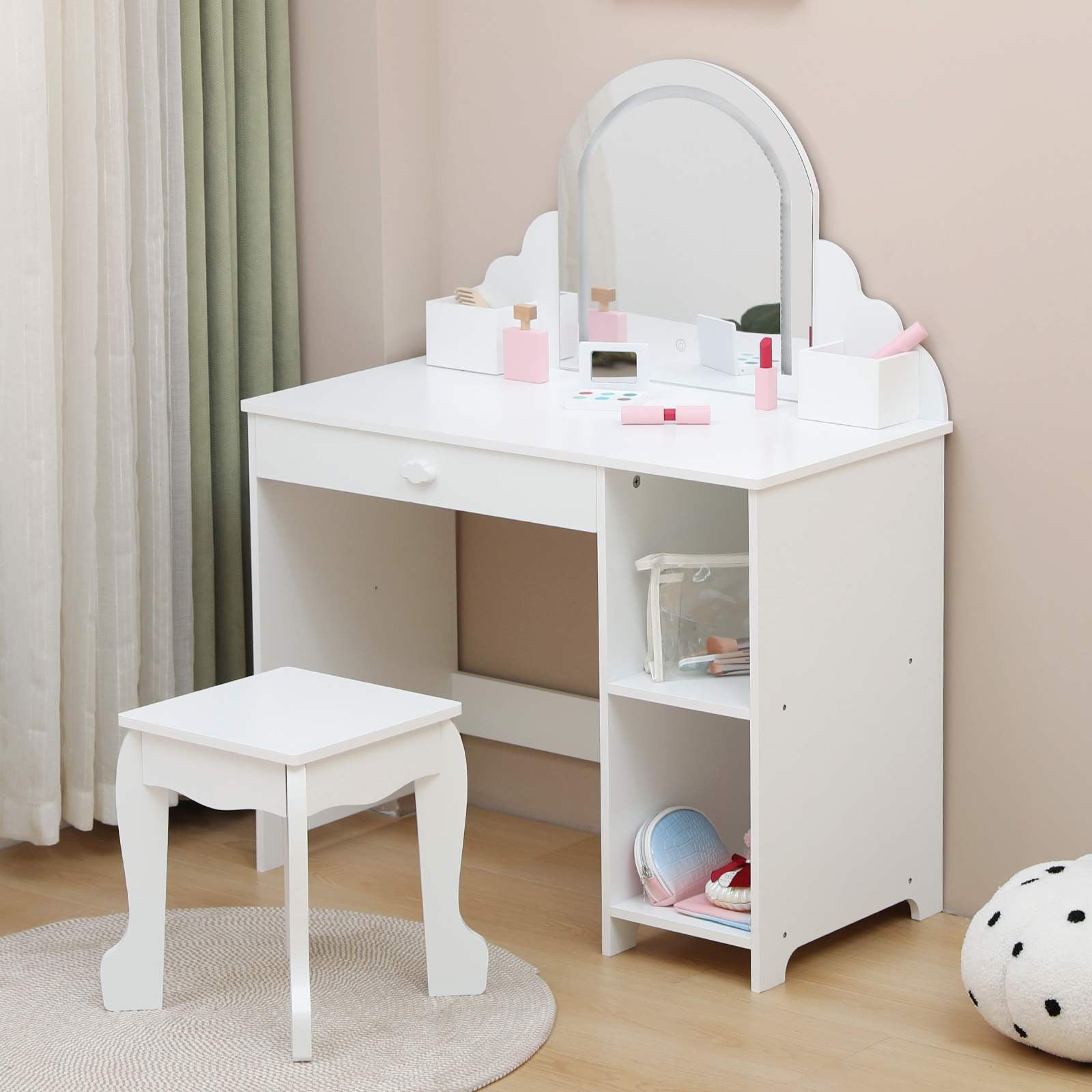 Kids Vanity Table with Mirror and Lights Wooden Makeup Vanity Desk with Stool White
