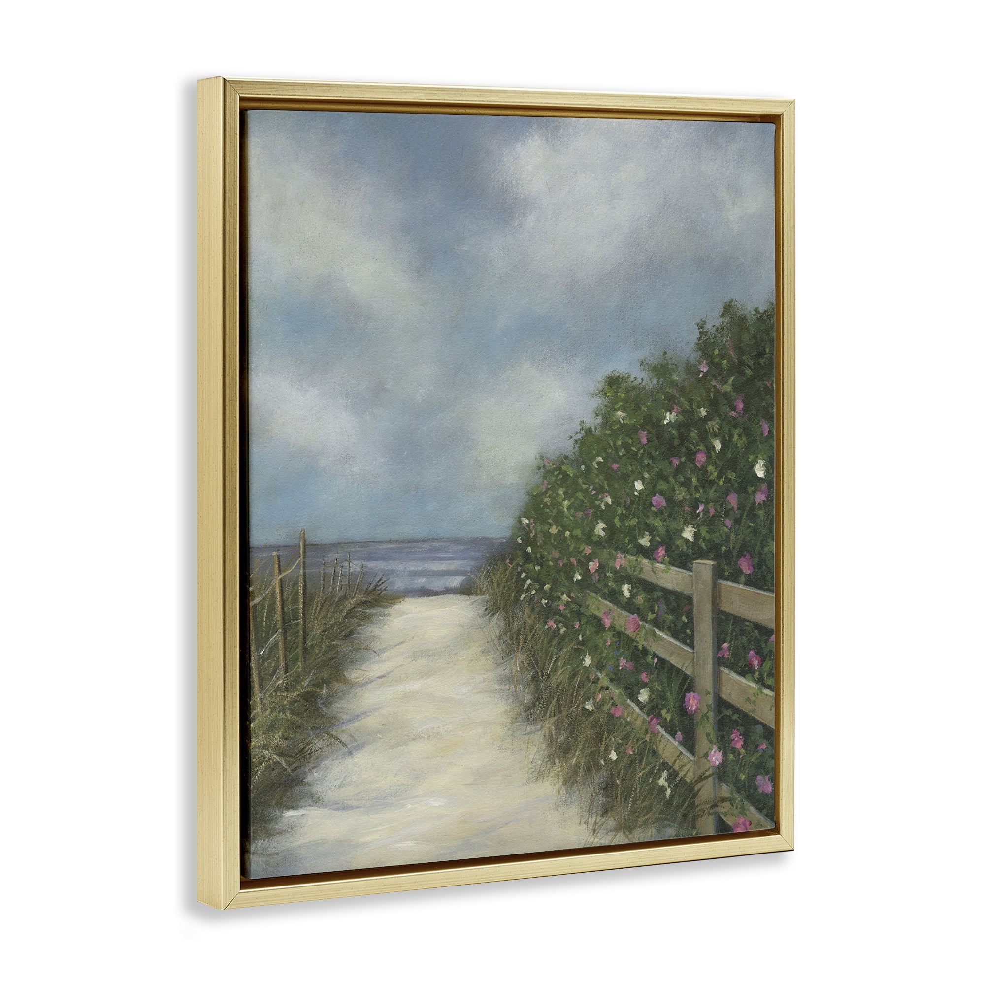 Stupell Industries Floral Lined Beach Path Landscape Painting Gold Floater Framed Canvas Art Print Wall Art, 17 x 21