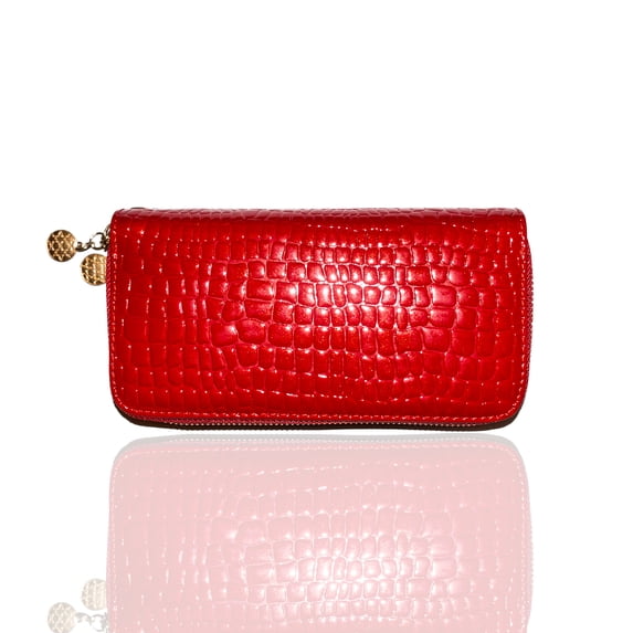 Carter Leatherworks Drip Women's Wristlet Wallet Clutch Purse Dual Zippers PU Alligator High Gloss Finish (Rari Red)…
