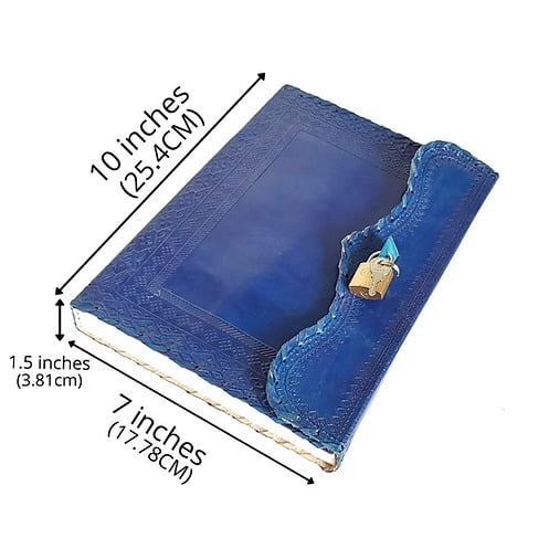 Jaald 10" Leather Journal Blank Notebook Handmade Travel Diary with Lock Writing Bullet Journal Christmas Gift Blue Sketchbook for Artists