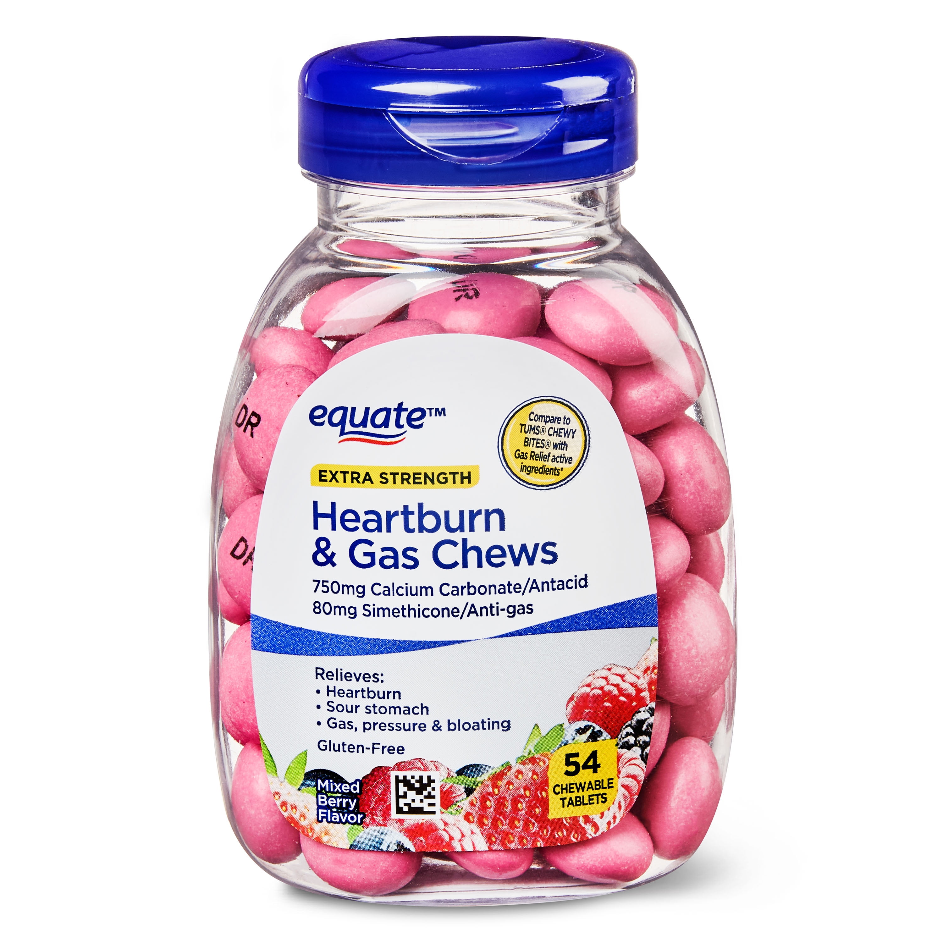 Equate Extra Strength Heartburn & Gas Chewable Tablets, Mixed Berry, 54