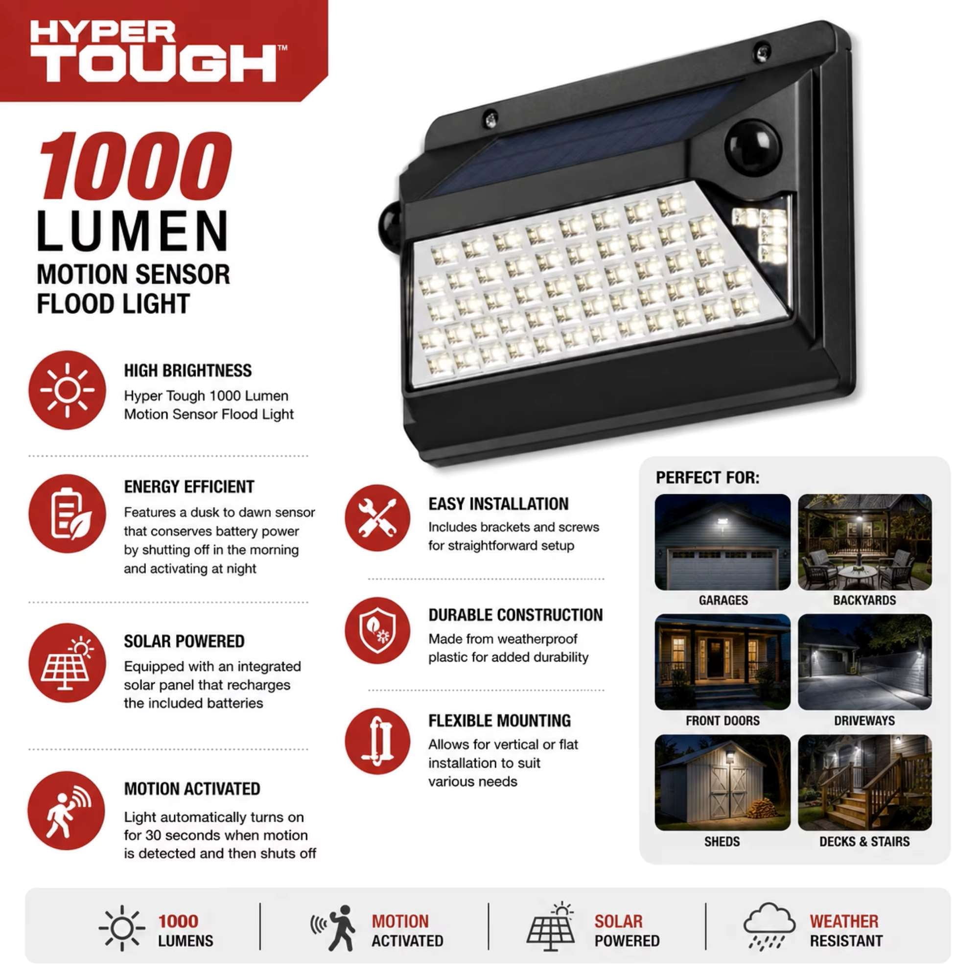 Hyper Tough 1000 Lumen Motion Sensor Flood Light, 2.34 x 8.19 x 5.85", Solar and Battery Powered