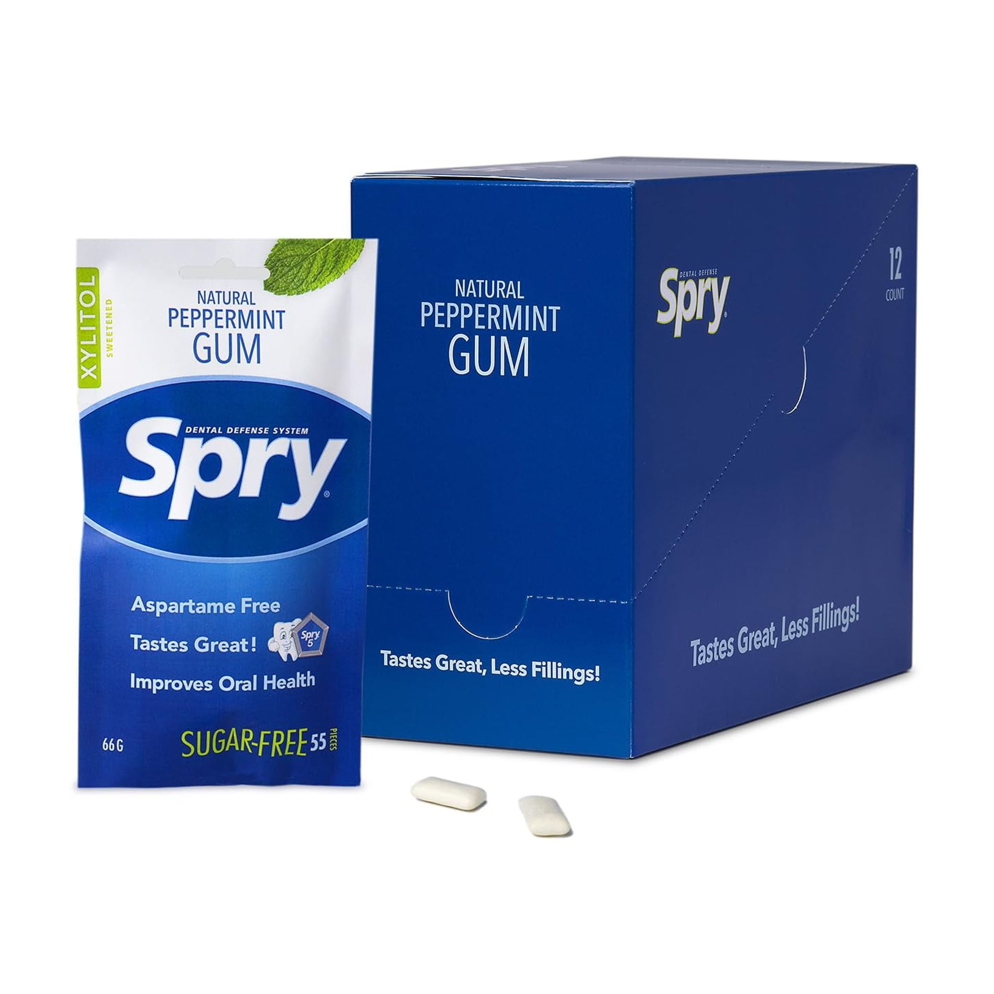 Spry On The Go Natural Xylitol Chewing Gum, Aspartame-Free Sugar-Free, Peppermint 55 Piece 12 pack