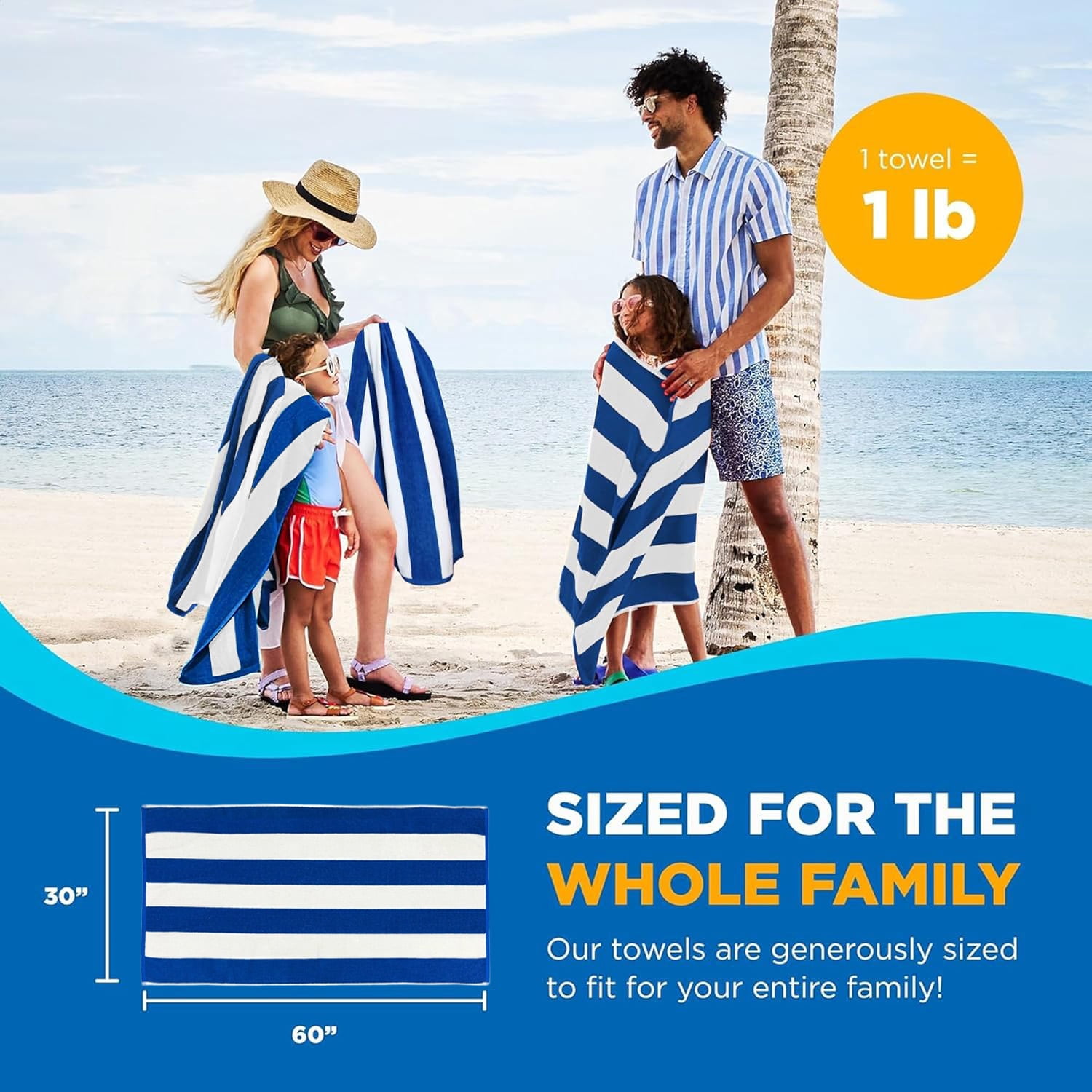 Kaufman - Large Beach Towel | 30" x 60" Terry Cabana Striped Beach Towels | Absorbent, Quick-Drying | Cotton Thick Beach Towels (Blue/White, 4-PK)