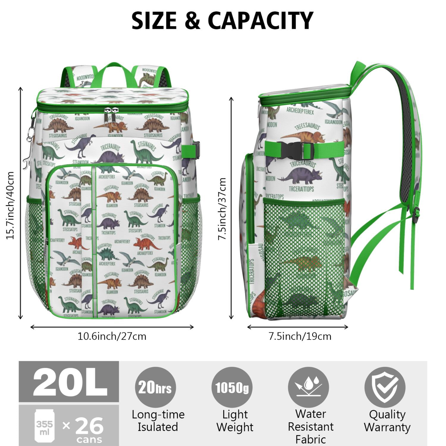 Travel Cooler Bag - White Cartoon Dinosaurs Names Pattern Camping Beer Cooler Backpack with Bottle Opener- Waterproof Insulated Picnic Backpacks - Cooler Bag for Beach