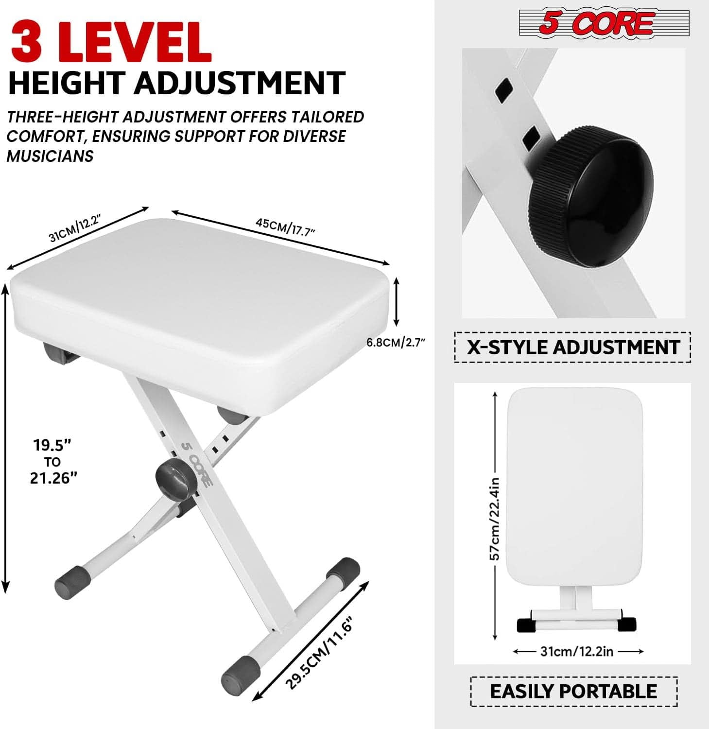 5Core Keyboard Stand Double X Style Adjustable Piano Riser + Keyboard Piano Bench WHITE
