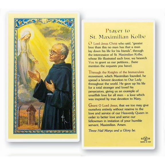 Saint Maximilian Kolbe Laminated Catholic Prayer Holy Card with Prayer on Back, Pack of 25