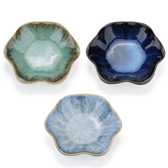 Set of 3 Porcelain Dipping Bowls, Reactive Glaze Soy Sauce Dishes, 4.3 In Lotus Leaf Shape Pinch Bowls Small Side Plates for Sushi Tomato Salad Sauce Condiment