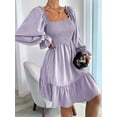 thumbnail image 6 of Women'S Square Neck Lantern Long Sleeve Ruffle Shirred Flowy Party Mini Dress Purple L, 6 of 8