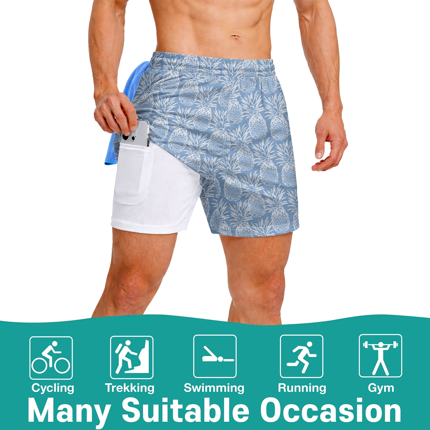 Men’s 2-in-1 Swim Trunks with Compression Liner, Quick-Dry Stretch Fabric, Drawstring Waist, and Pockets - Beach, Swimming, and Active Wear - Pineapple L