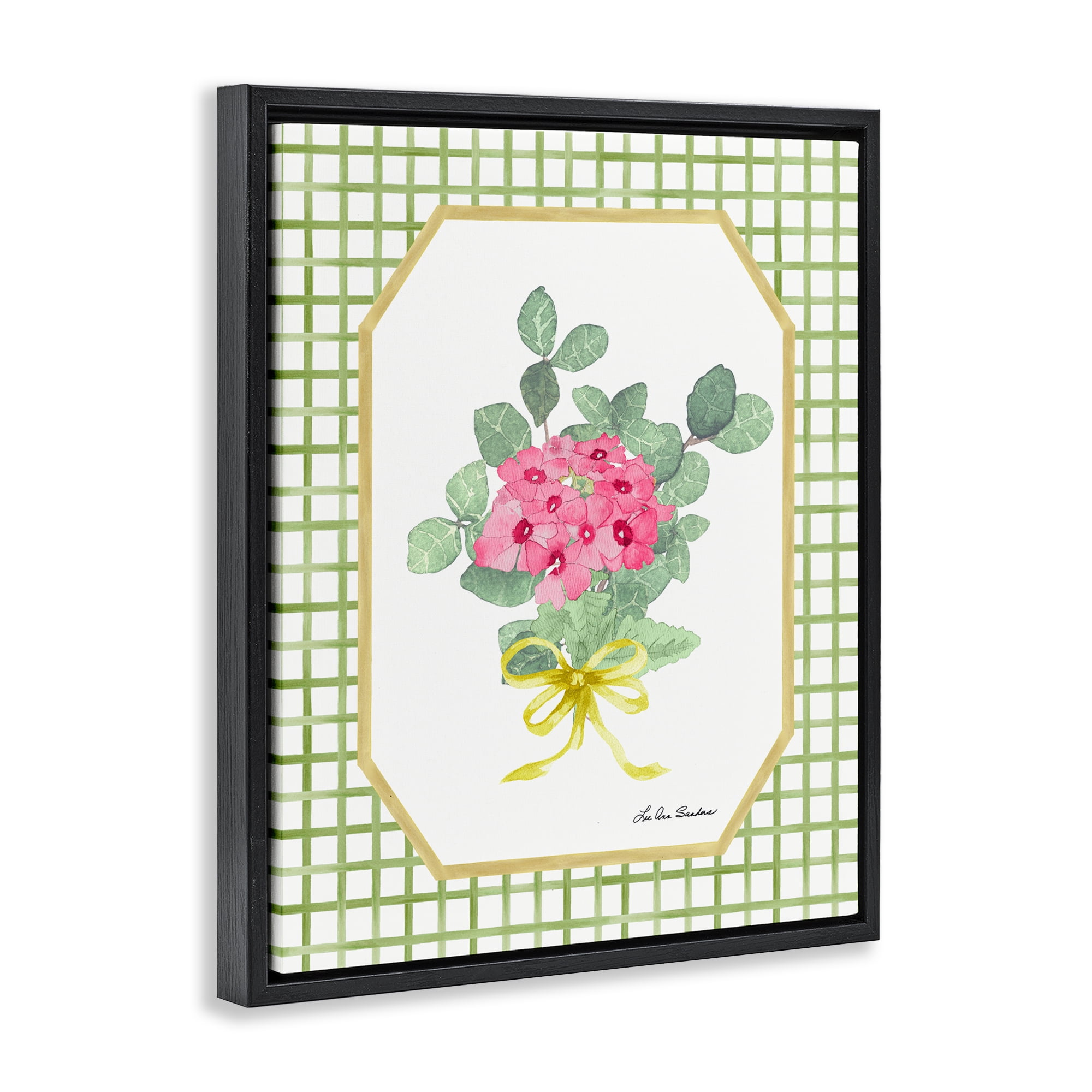 Botanical Story on Grid Pattern Black Framed Floater Canvas Wall Art, design by Lee Ann Sanders