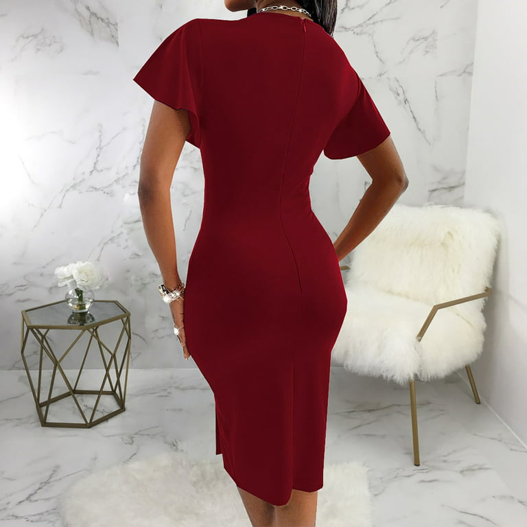 CAICJ98 Formal Dresses For Women Womens Keyhole Ruched Party Bodycon Mini  Dress Irregular Wrap Fitted Sheath Wedding Guest Dresses ,M 