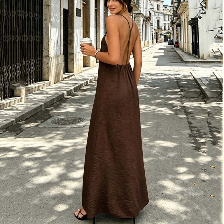 Uscallm Women's Backless Boho Maxi Dress Flowy Solid Casual Beach Vacation  Dresses Lightweight Sleeveless V Neck Elastic Waist Summer Sundress, Coffee  L - Walmart.com