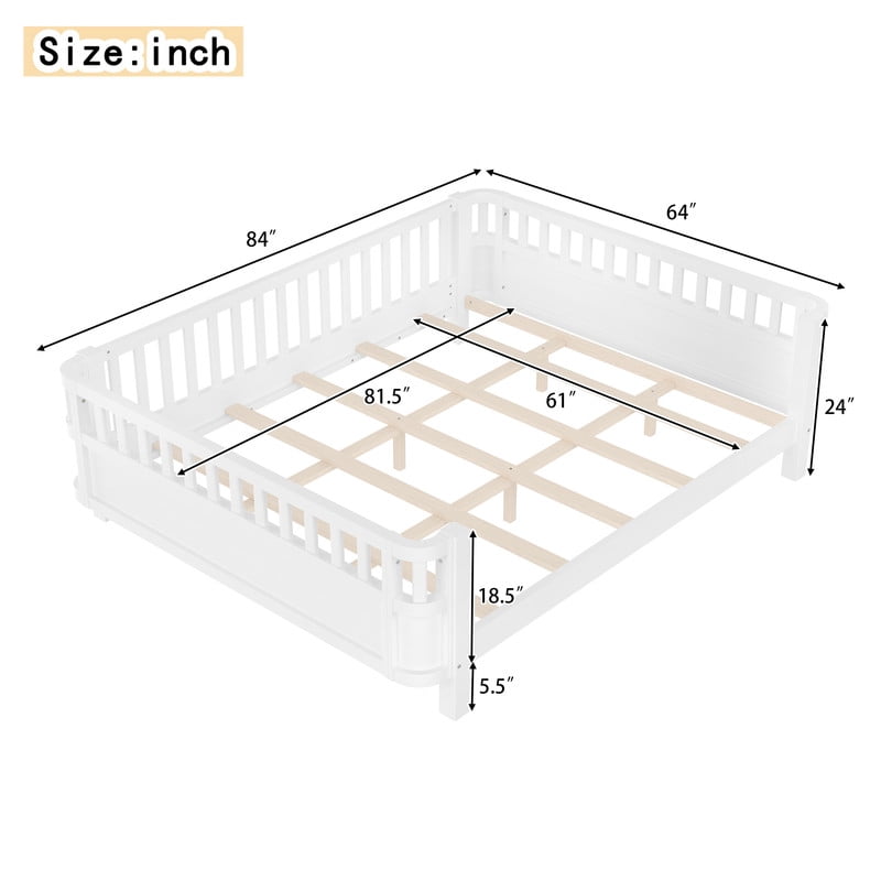 Bellemave Queen Size Montessori Bed with Fence, Wooden Low Platform Bed Frame with Detachable Side Bed Rails and Rounded Corner Design, Multiple Usage Methods Bed, No Box Spring Needed（White）