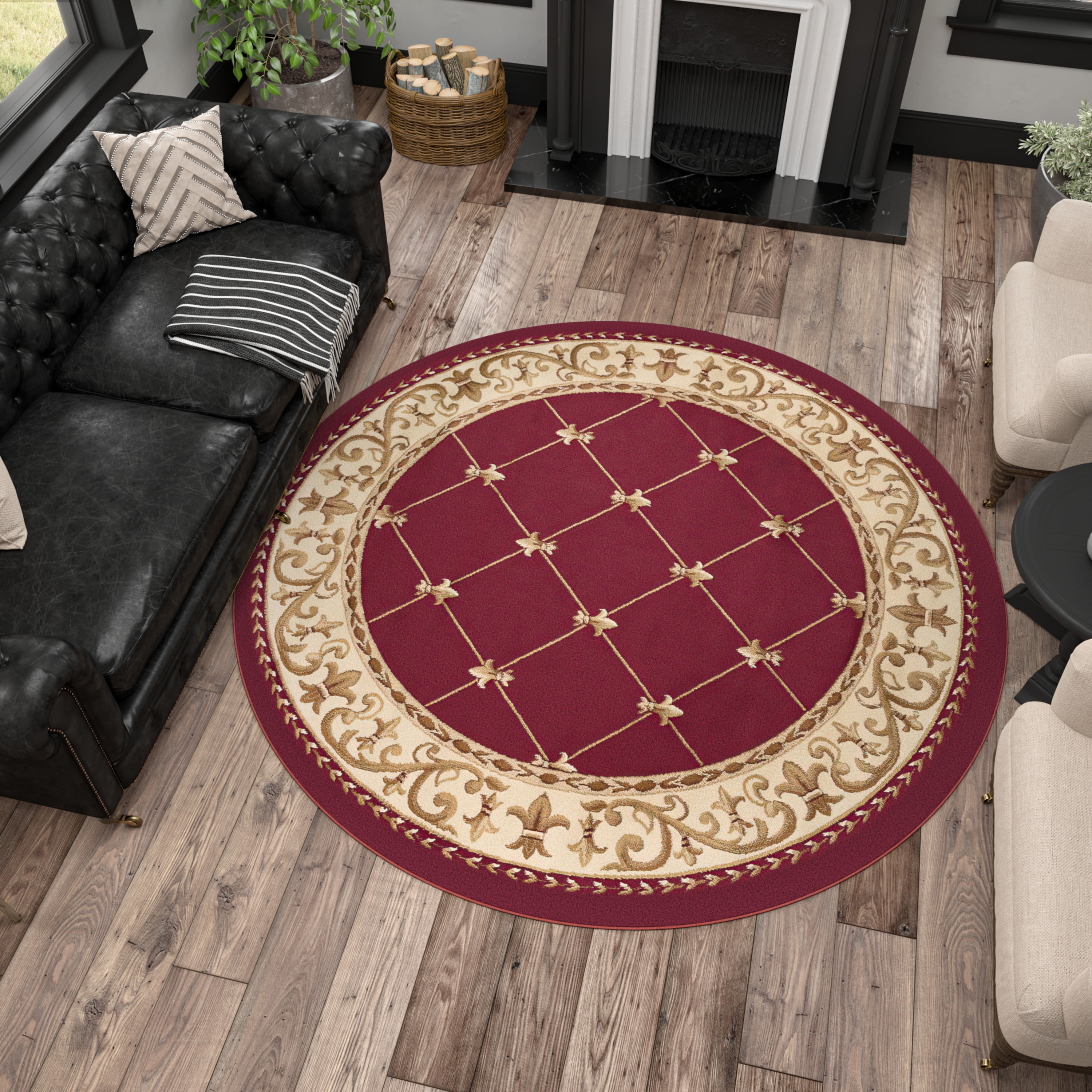 Sensation Traditional 5' Round Red and Beige Polypropylene Indoor Area Rug