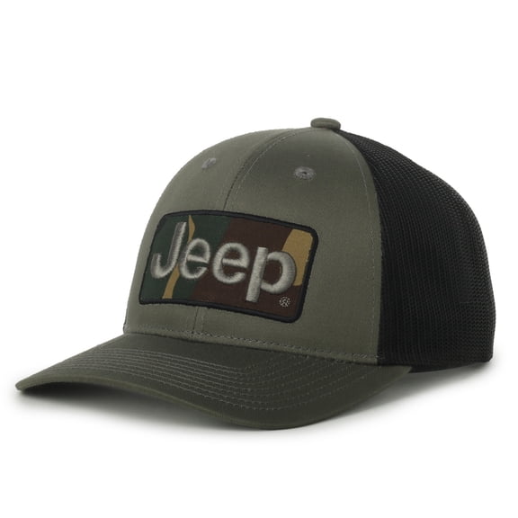 Jeep Logo Structured Trucker Hat, Olive & Black, Adjustable Snapback