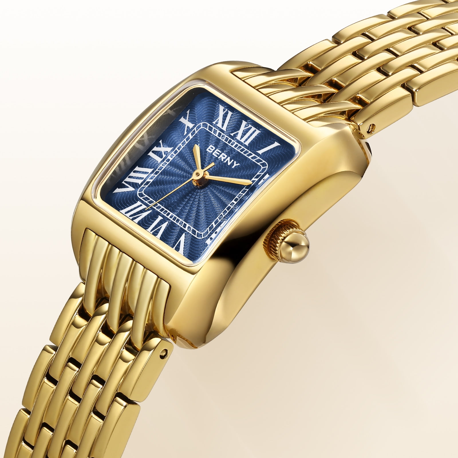 BERNY Gold Watches for Women, Square Dainty Ladies Analog Quartz Watch with Roman Numeral, Stainless Steel Bracelet Watch, Classic Waterproof Women Wristwatch Gift, Blue