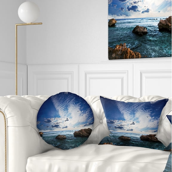 Designart Rocky Beach with White Clouds - Modern Beach Throw Pillow - 12x20