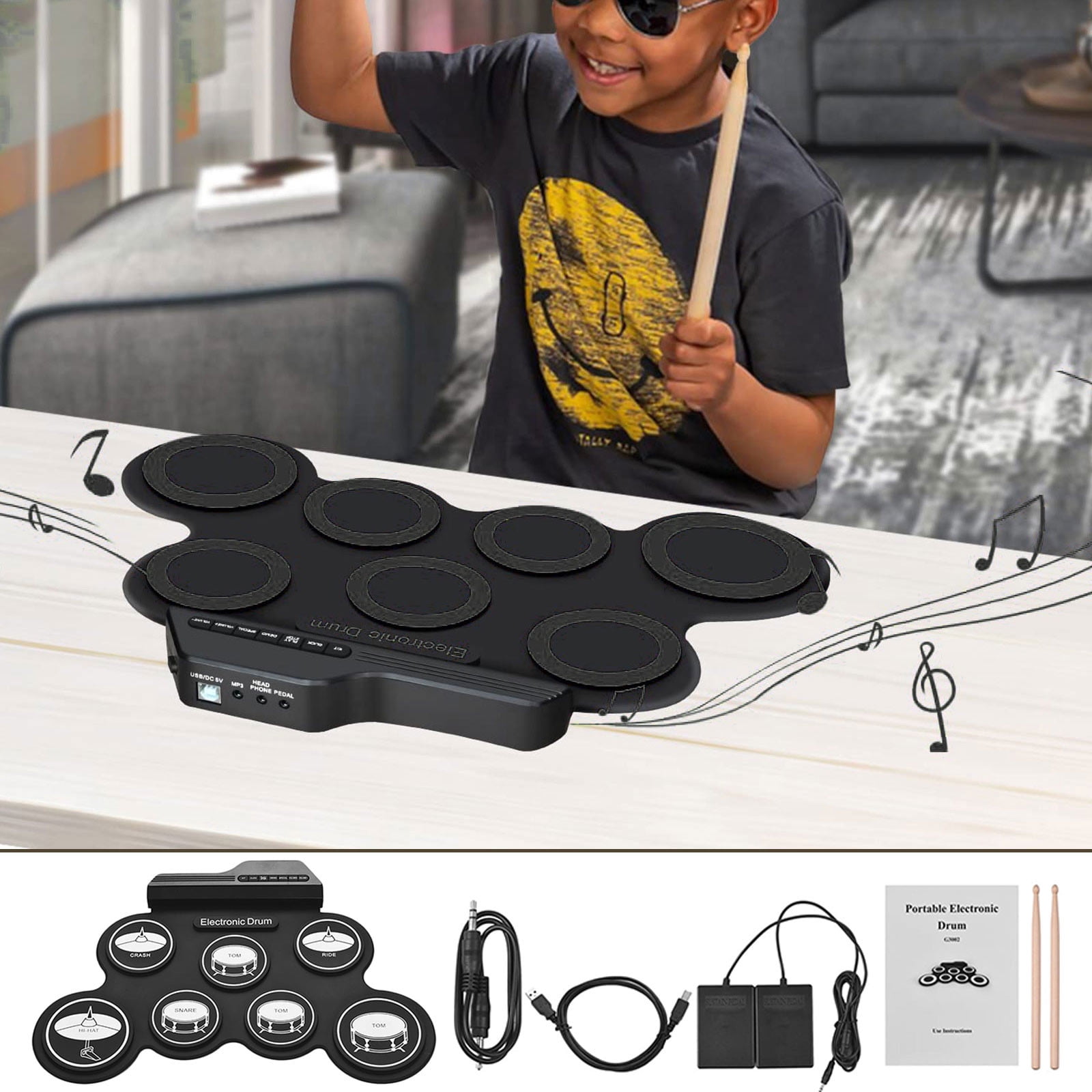 erfcxs Compact Size USB Roll Up Silicon Drum Set 7 Drum Pads With Drumsticks Foot Pedals Digital Electronic Drum Kit For Kids
