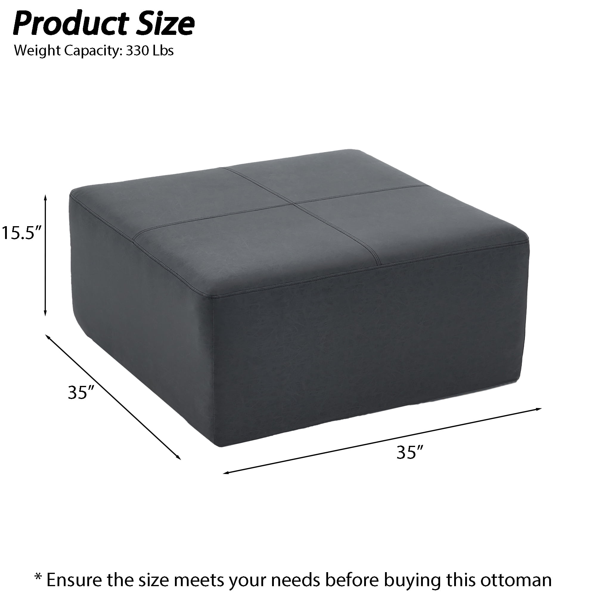 35" Wide Oversized Square Ottoman Coffee Table, Faux Leather Couch Ottoman Large Footstool for Living Room