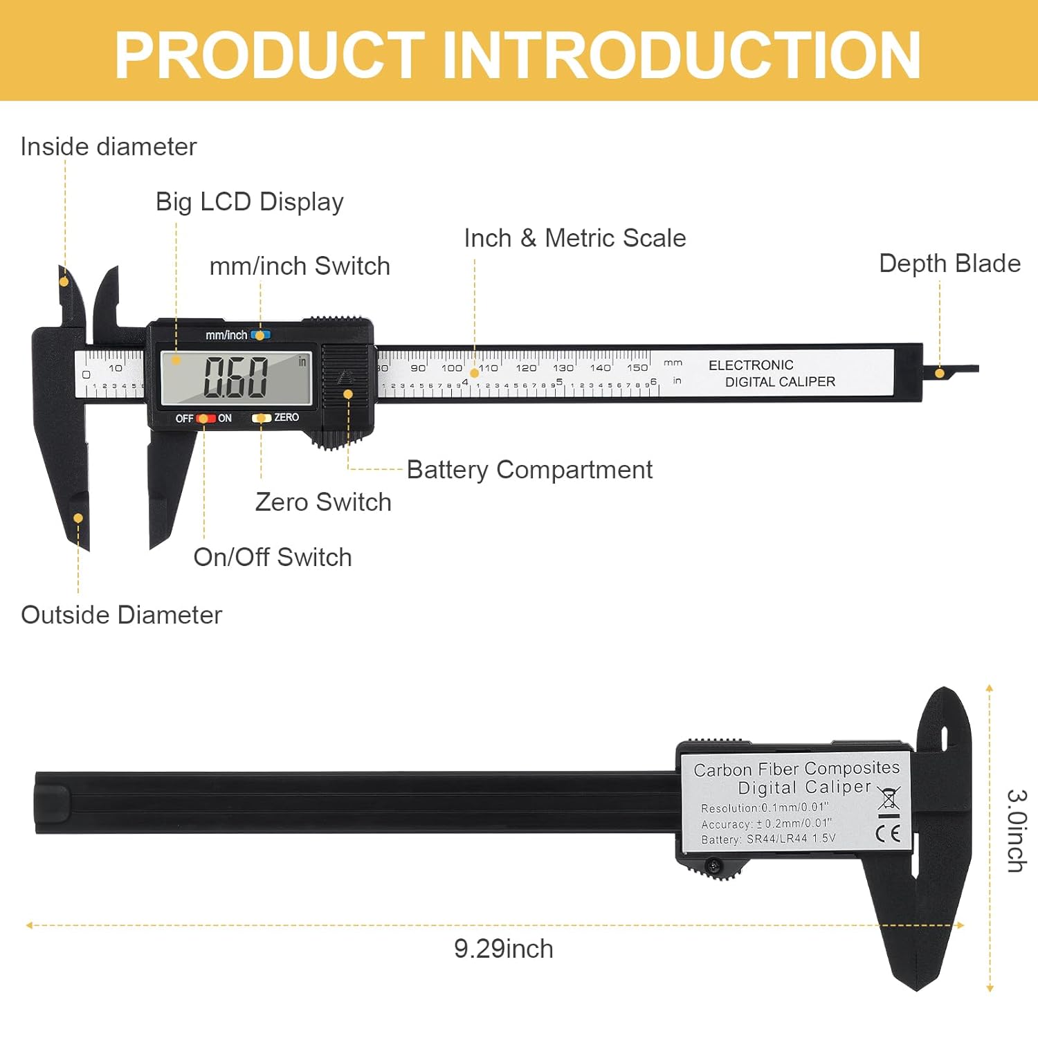 Digital Caliper, 0-6 inches Caliper with Large LCD Screen, Auto - Off Feature, Inch and Millimeter Conversion Measuring Tool, Perfect for Household/DIY/Jewelry Measurment