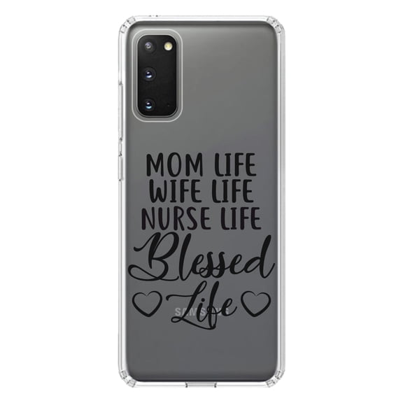 DistinctInk Clear Shockproof Hybrid Case for Galaxy S20 PLUS / 5G (6.7" Screen) - TPU Bumper Acrylic Back Tempered Glass Screen Protector - Mom Life Wife Life Nurse Life Blessed