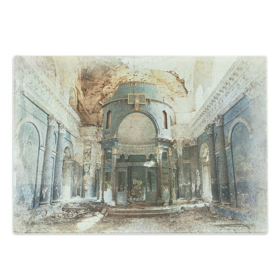 Antique Cutting Board, Old Renaissance Era Architecture with Columns Art Print, Decorative Tempered Glass Cutting and Serving Board, Large Size, Petrol Blue Marigold, by Ambesonne
